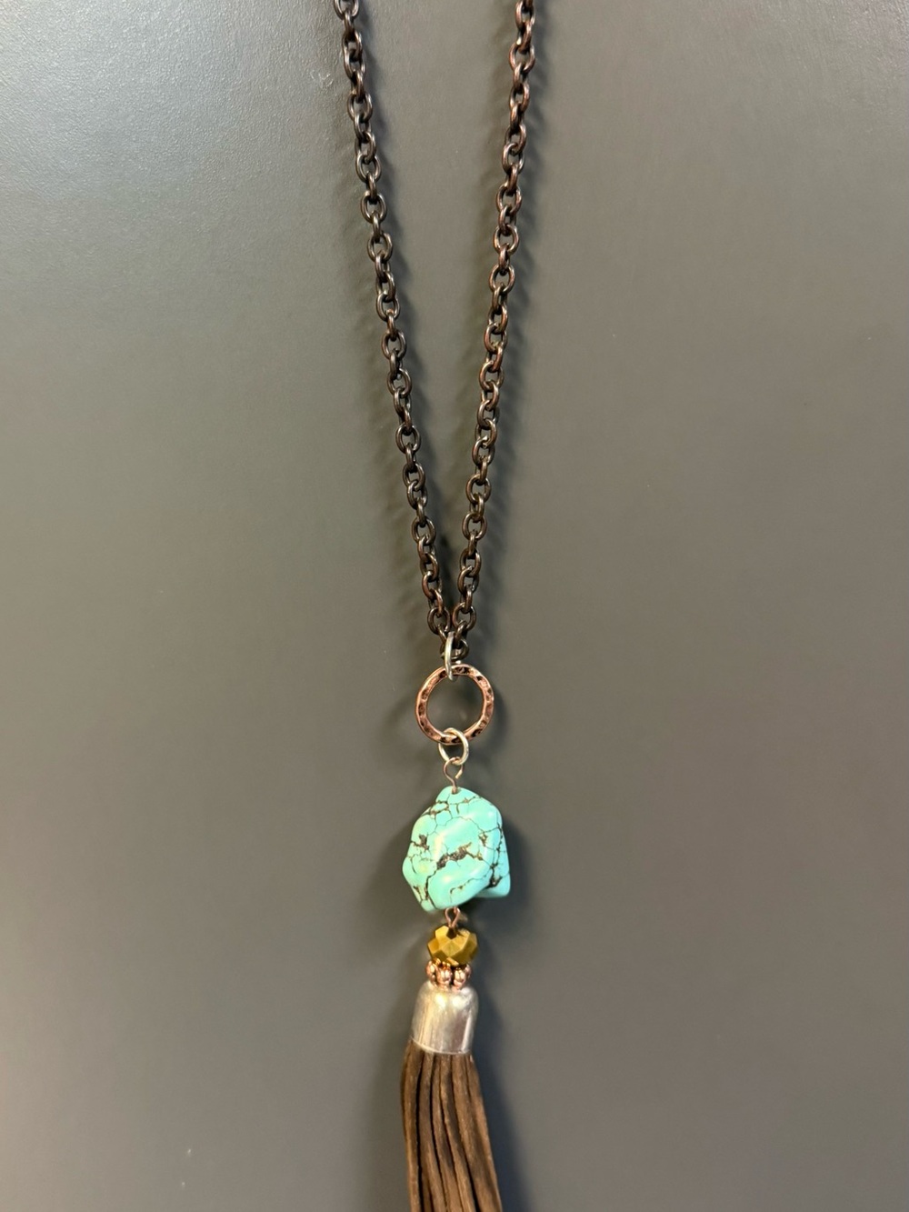 Handmade Southwestern Boho Style Turquoise Stone Tassel 21โ Necklace